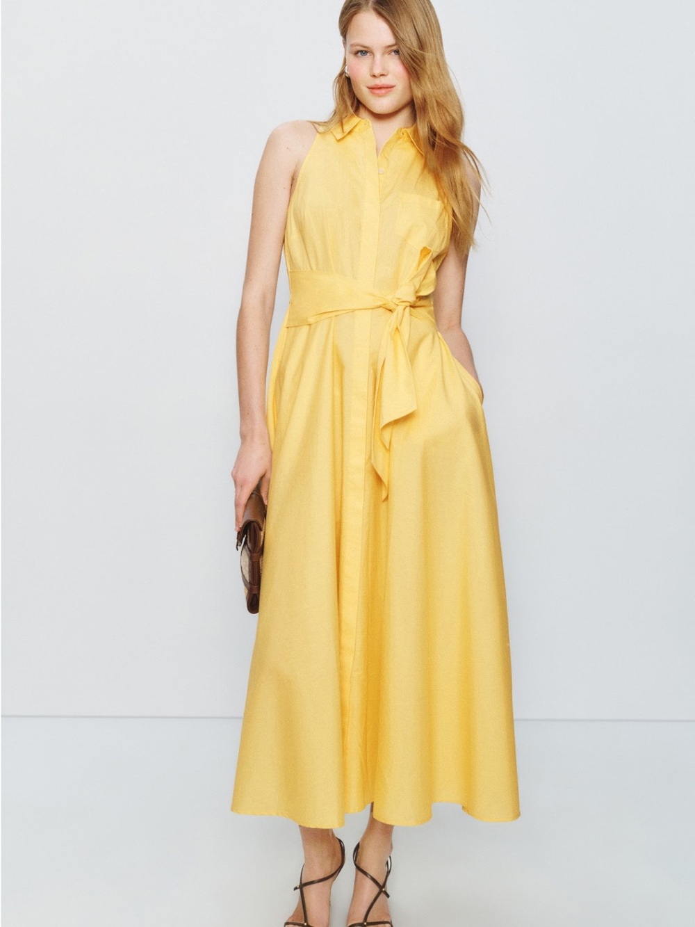 Sleeveless Collared Yellow Tie-Waist Maxi Dress